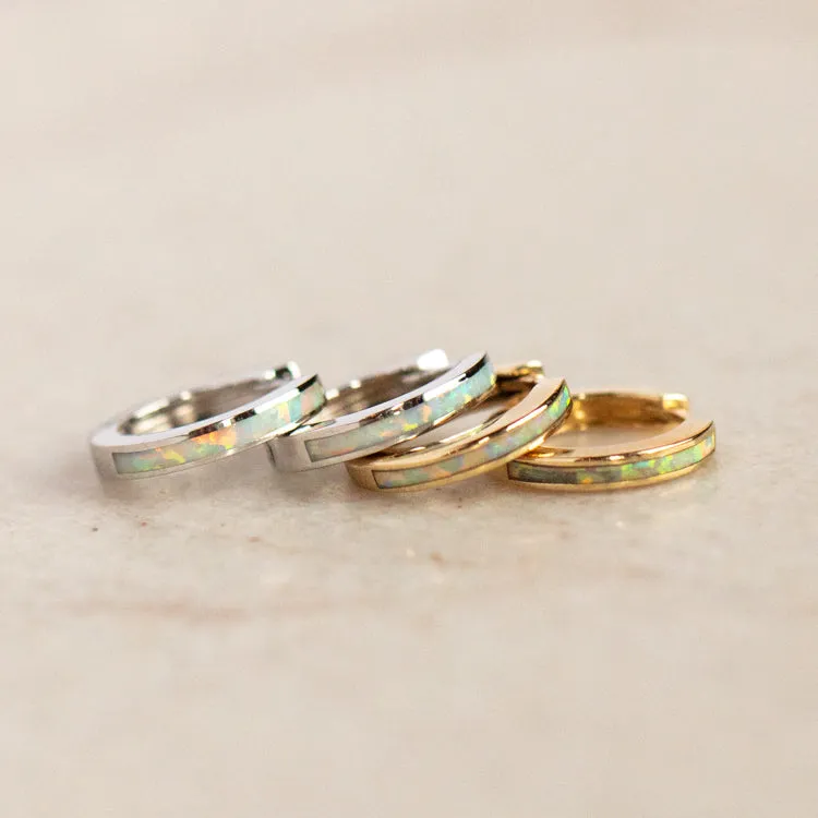 Solid Gold Opal Inlay Huggie Hoops