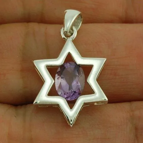 Star of David ( Magen David ) Pendant Purple Crystal Gemstone Silver 925.