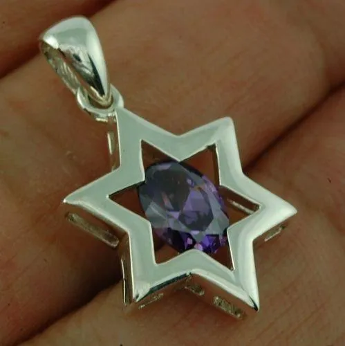 Star of David ( Magen David ) Pendant Purple Crystal Gemstone Silver 925.