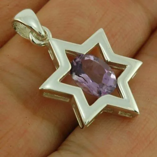 Star of David ( Magen David ) Pendant Purple Crystal Gemstone Silver 925.