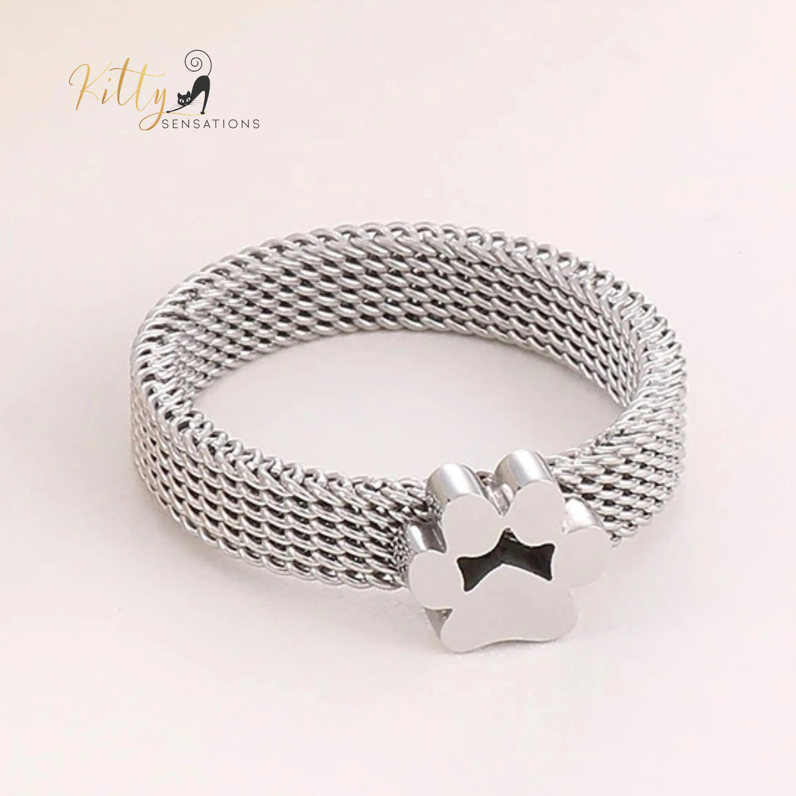 Very Stylish, Mesh Band Cat Paw Ring (Gold, Silver, or Rose Gold)