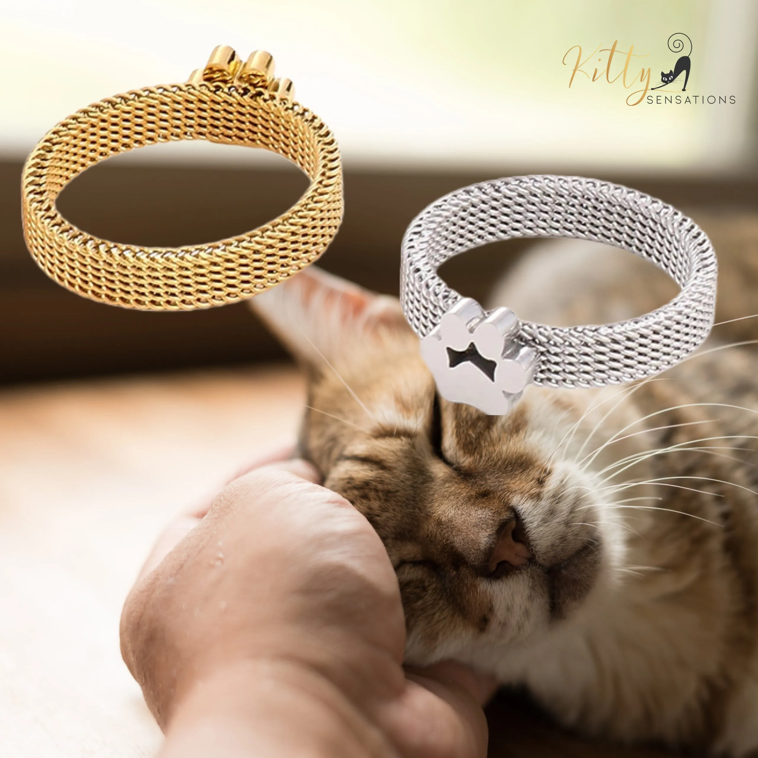 Very Stylish, Mesh Band Cat Paw Ring (Gold, Silver, or Rose Gold)