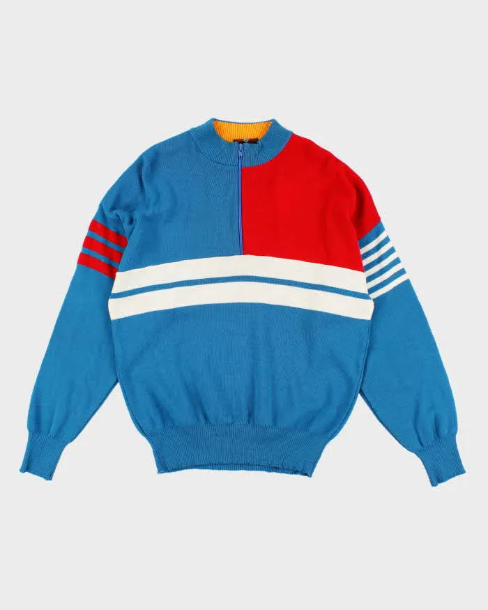 Vintage 70s/80s White Ram Blue and Red Quarter Zip Knit Jumper - M