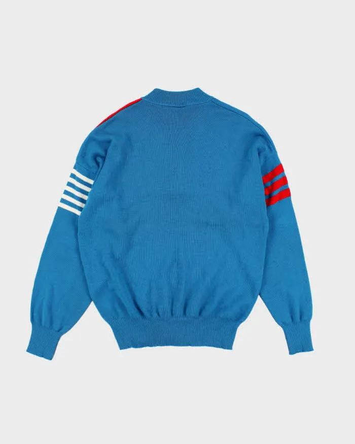 Vintage 70s/80s White Ram Blue and Red Quarter Zip Knit Jumper - M