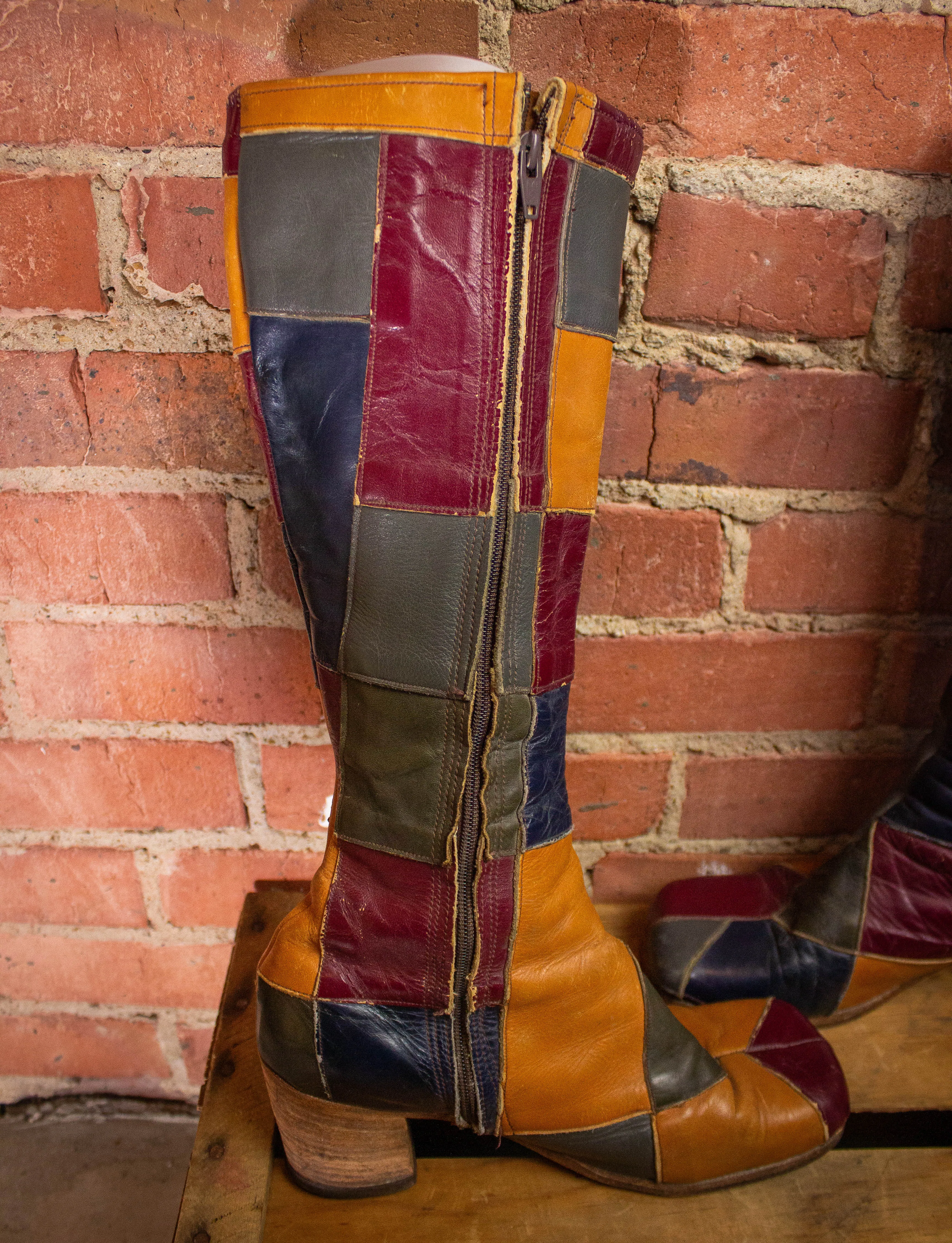 Vintage Granny Takes A Trip Patchwork Leather Platform Boots 70s 8.5