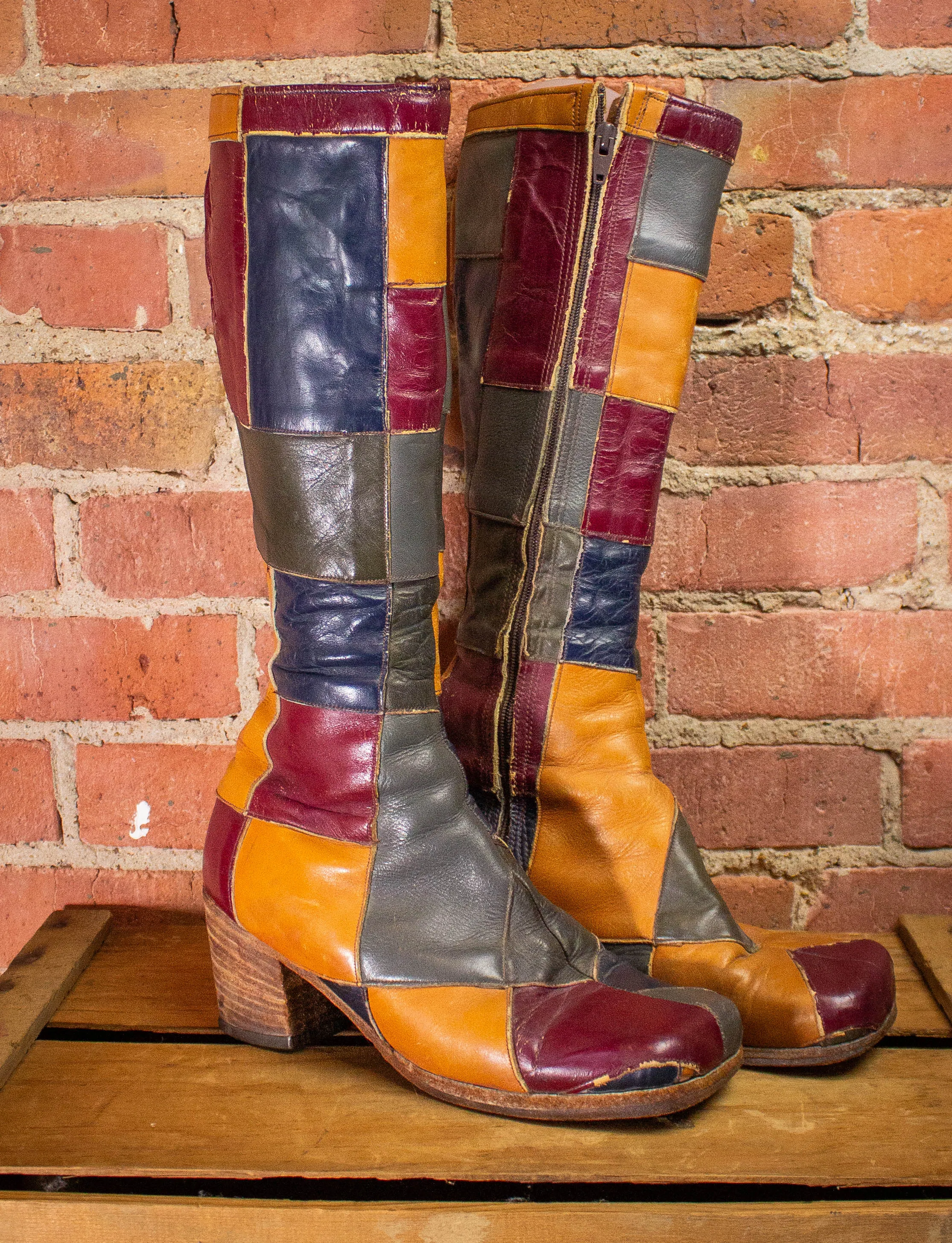 Vintage Granny Takes A Trip Patchwork Leather Platform Boots 70s 8.5