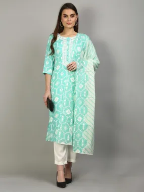 Women Aqua Blue Geometric Printed Kurta Trouser Dupatta