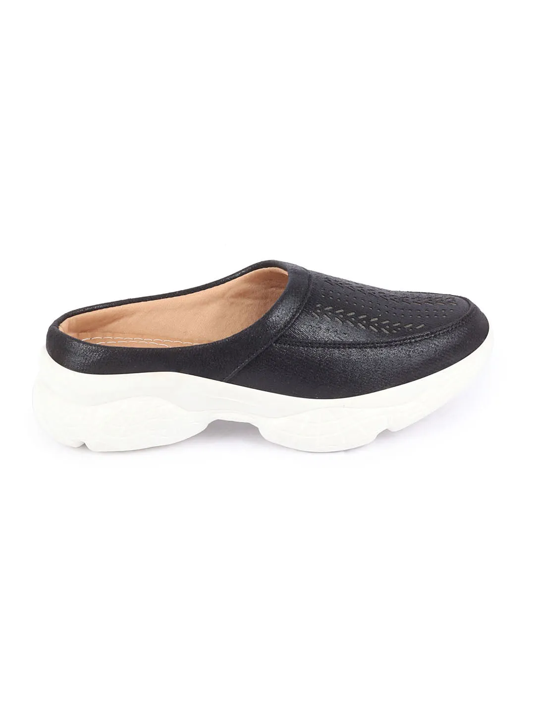 Women Black Laser Cut Design Stitched Back Open Slip On Mules Shoes