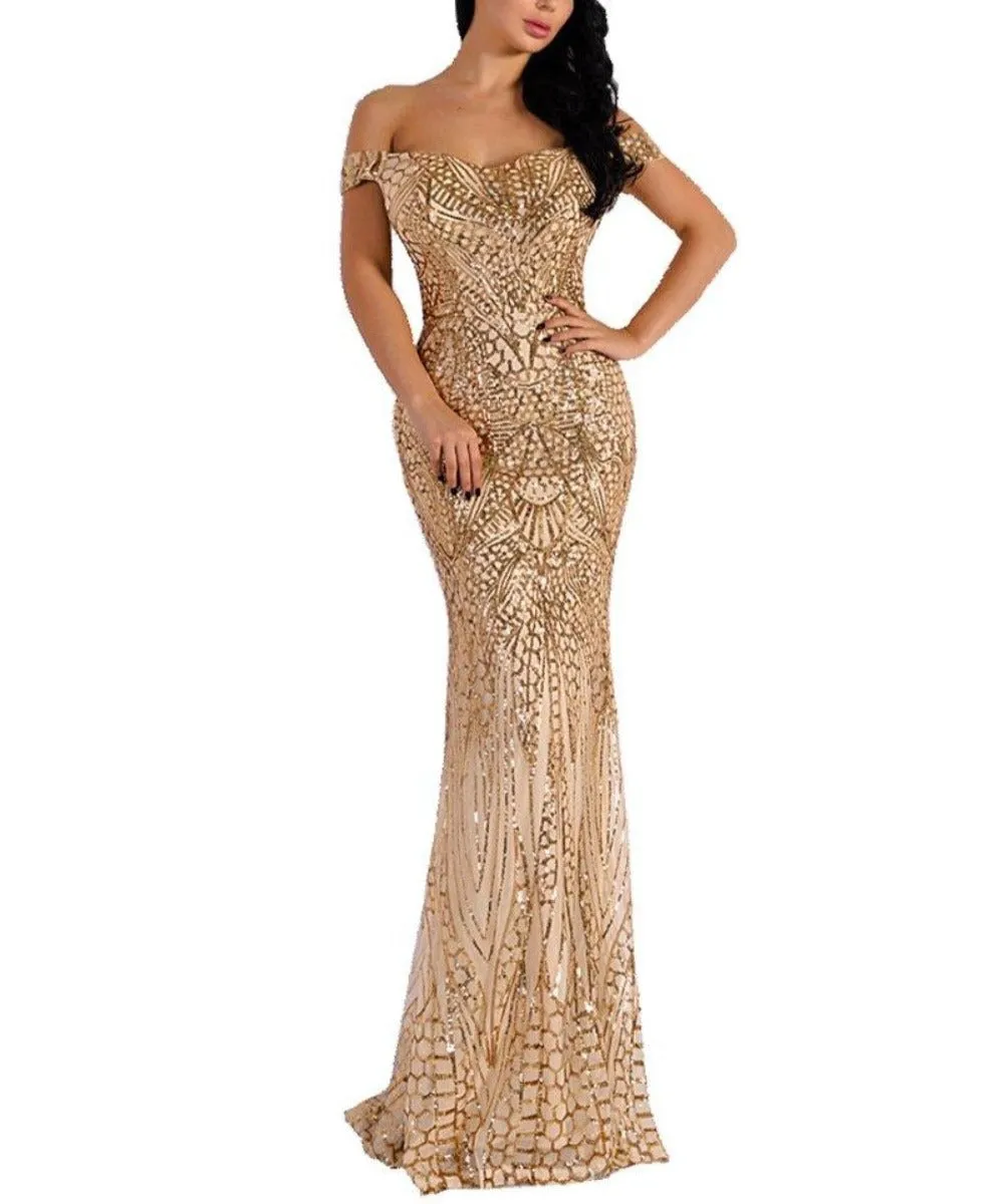 Women's Off Shoulder Sequined Evening Party Maxi Dress