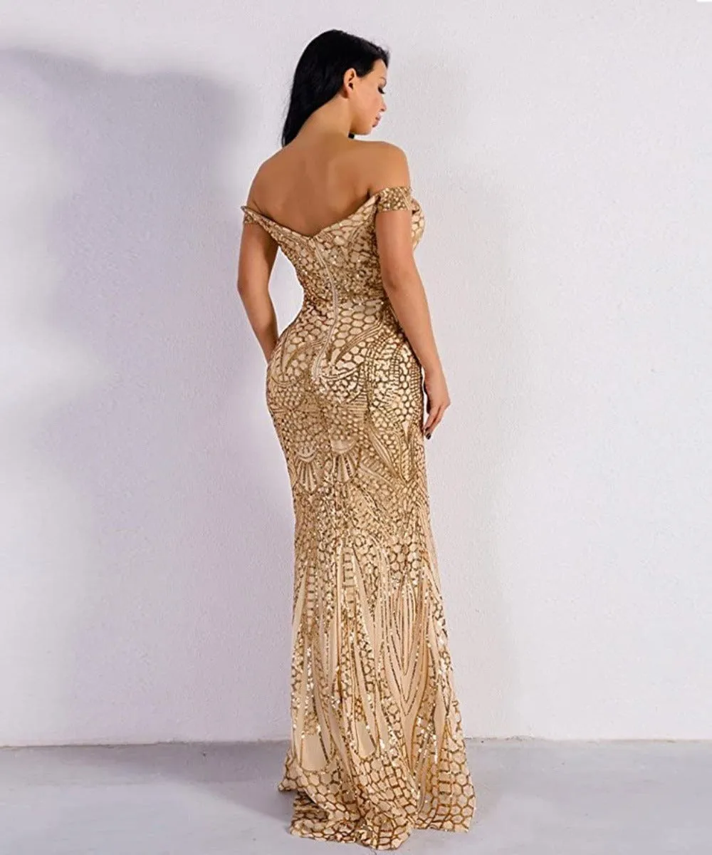 Women's Off Shoulder Sequined Evening Party Maxi Dress